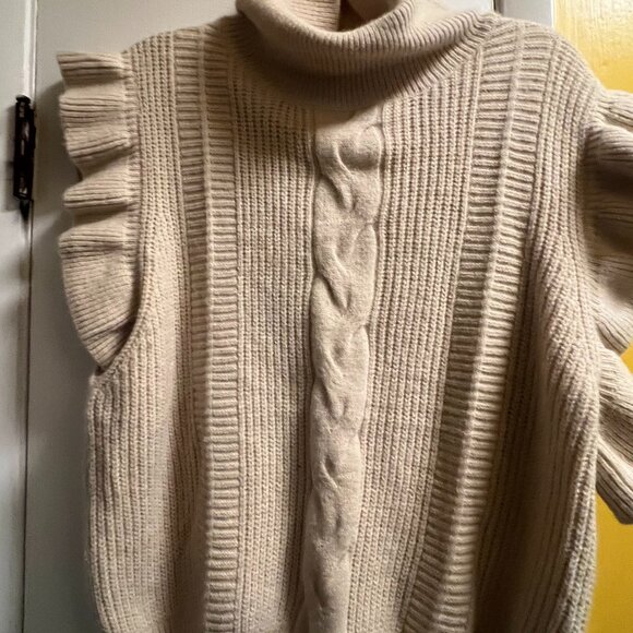 Entro Cream Ruffle Sleeve Cable Knit Sleeveless Turtleneck Sweater SZ L - Picture 2 of 3